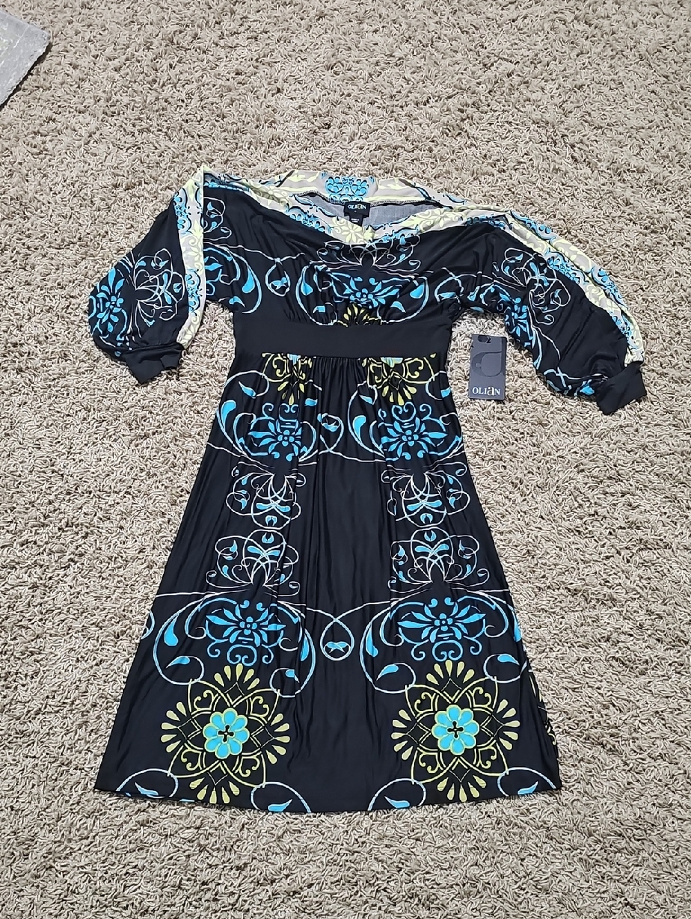 NWT Olian Maternity Dress Black Turquoise Boho Small Fit & Flare Stretch